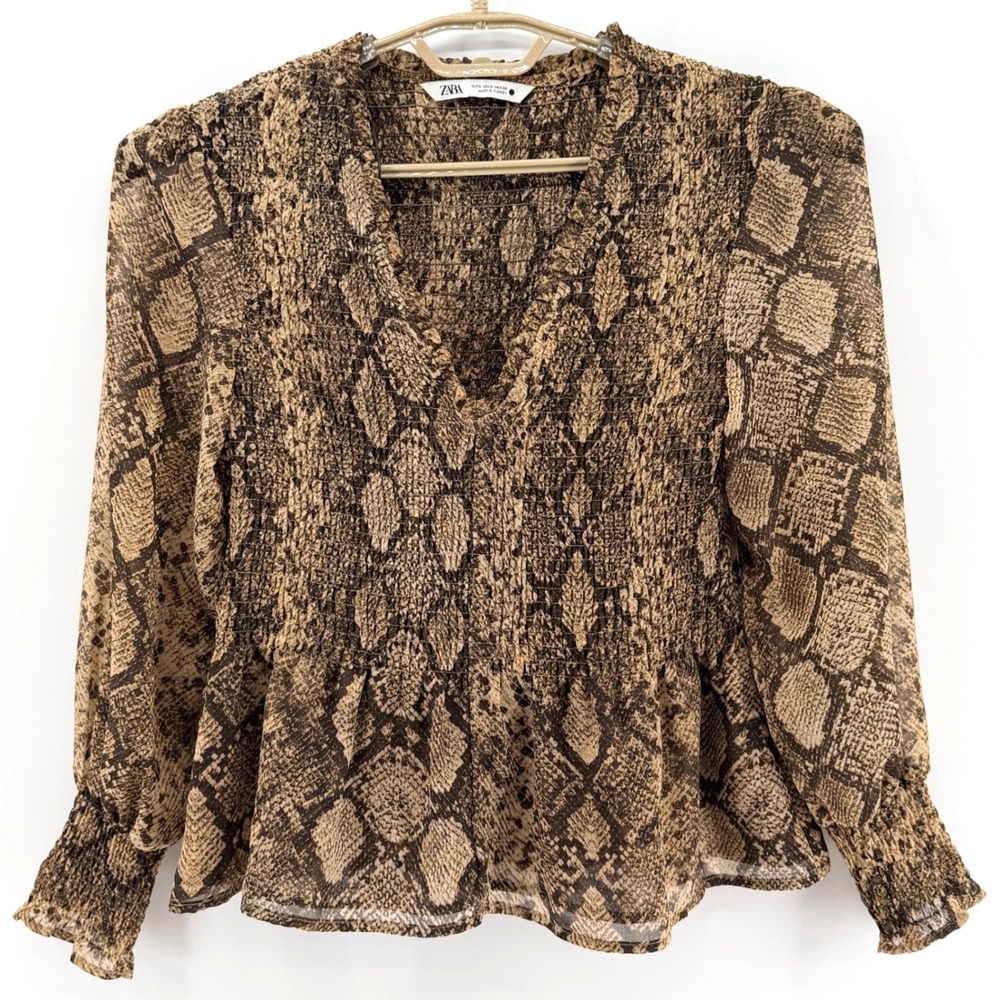 Zara Blouse Womens Small Brown Good Snakeskin Smocked V-Neck Peplum Top